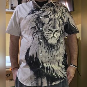 Men's Beige and Black Lion Print Shirt